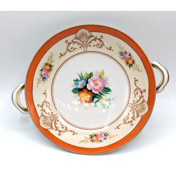 Antique Noritake Morimura Japan Pedestal Bowl Hand Painted Handles Orange 7" - Picture 1 of 9